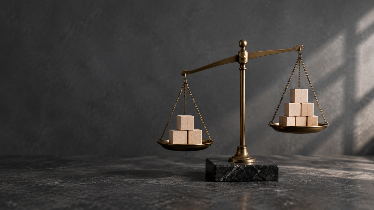Illustrative brass balance scale with plain wooden cubes on each pan against a charcoal backdrop.