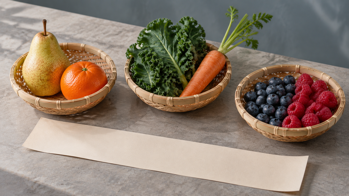 Illustrative fruit, vegetables and berries in separate woven baskets above a blank paper strip.