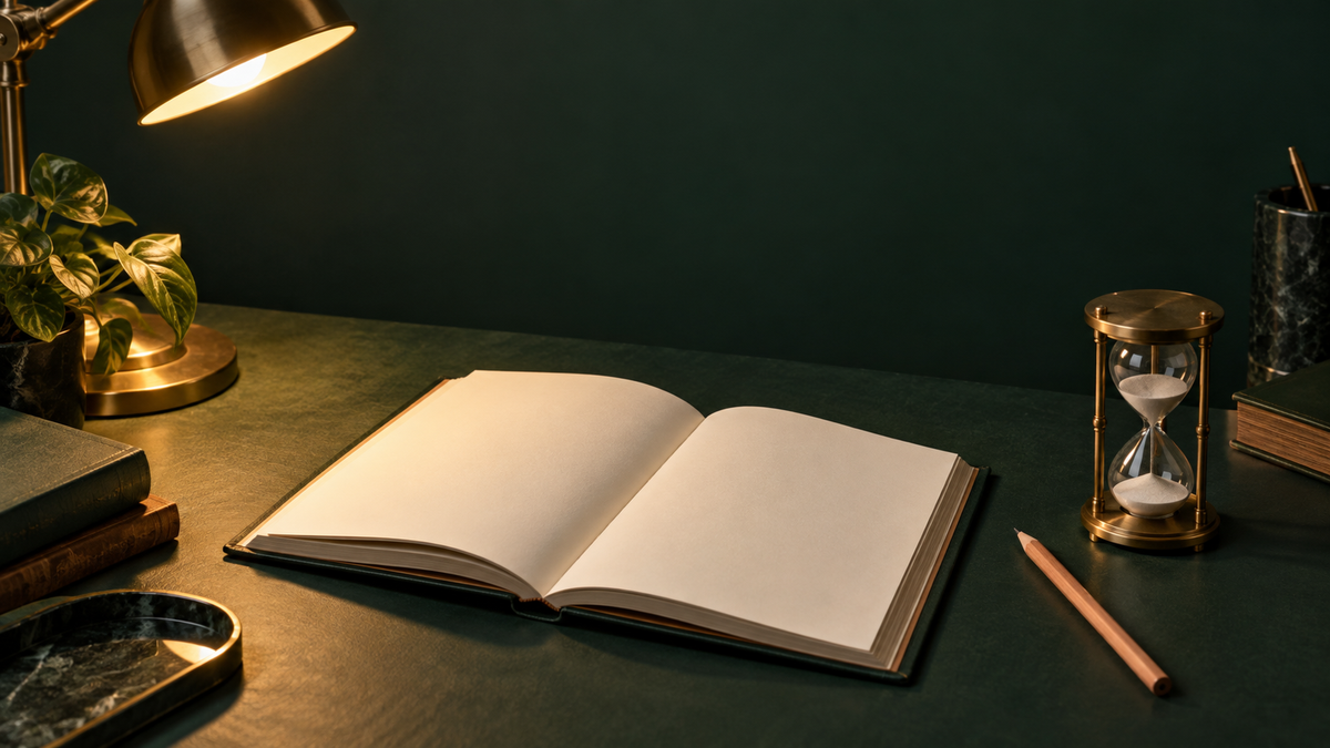 Illustrative blank open book and brass hourglass on a deep green desk under lamplight.
