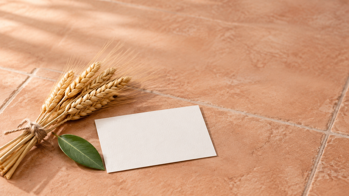 Illustrative bundle of wheat stems, a green leaf and a blank white card on pale terracotta tiles.