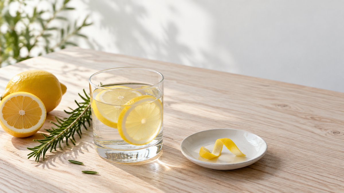 Illustrative glass of water with lemon wheels and a rosemary sprig on a light ash wood table.