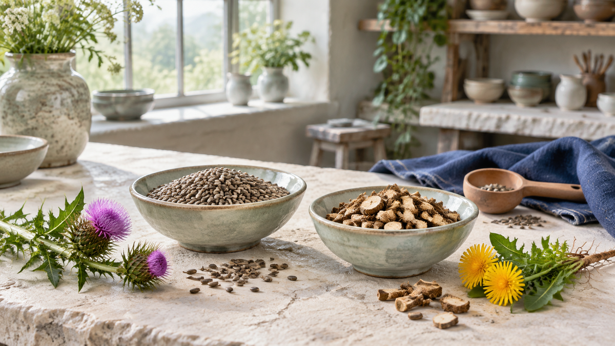 Milk thistle seed and dandelion root formula comparison displayed in a sunlit ceramic workshop