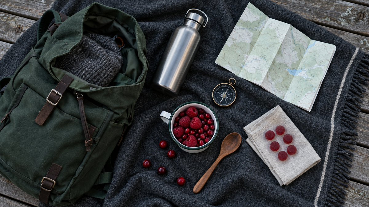 Overhead view of a green daypack, steel water bottle, trail map, compass and a cup of raspberries and pomegranate seeds with red gummies on a charcoal wool blanket