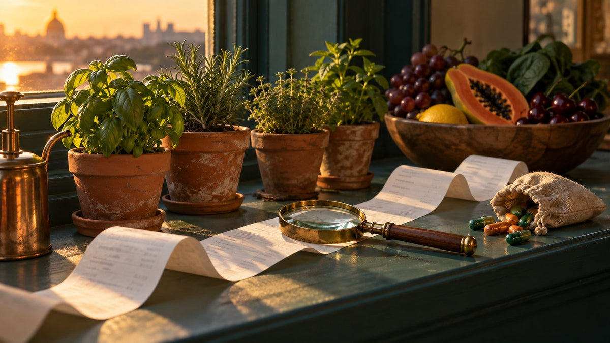 Long paper strip with a brass magnifying glass on a sunlit windowsill beside herb pots, green and orange capsules and a bowl of fruit and spinach