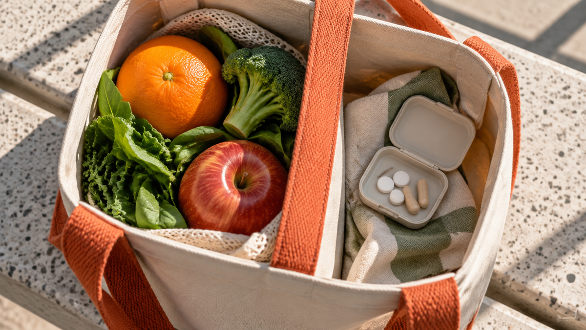 Canvas tote holding whole fruit and vegetables in one section and a plain travel case with tablets and capsules in another