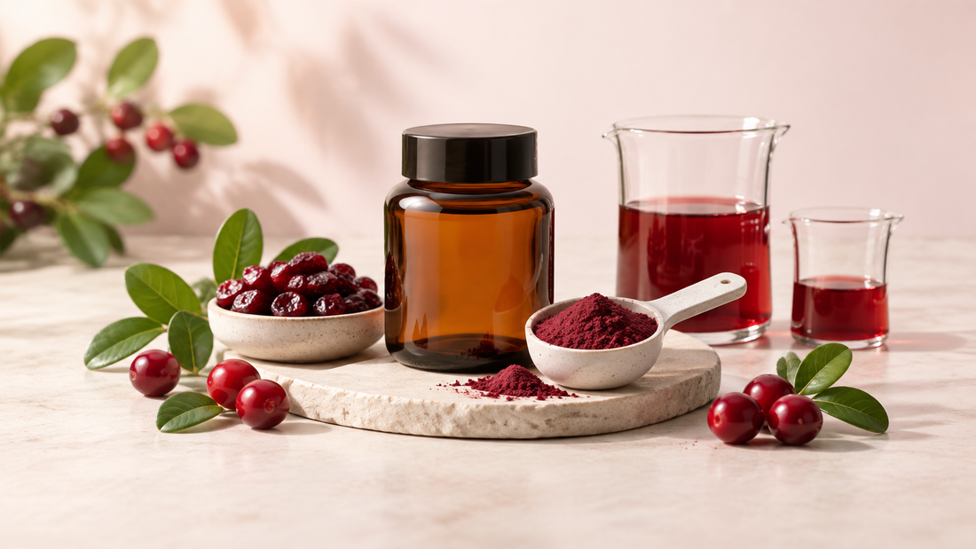 Cranberry extract powder, cranberries and measuring glasses beside an amber supplement jar
