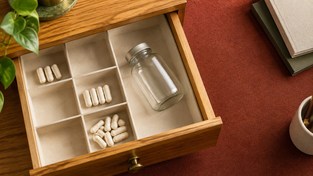 Illustrative capsules arranged in a divided wooden drawer beside an unbranded glass bottle.