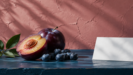 Illustrative plum and blueberries beside a blank label card on a petrol-blue table against a rose wall.