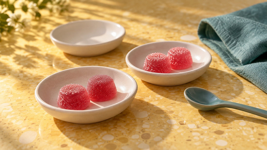 Two raspberry-pink gummies in a small white dish beside an empty dish and a teal spoon on a yellow terrazzo tile