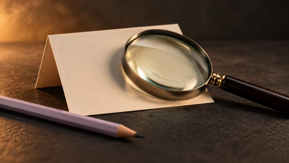 Illustrative magnifying glass on a blank cream card beside a lilac pencil on a dark table.