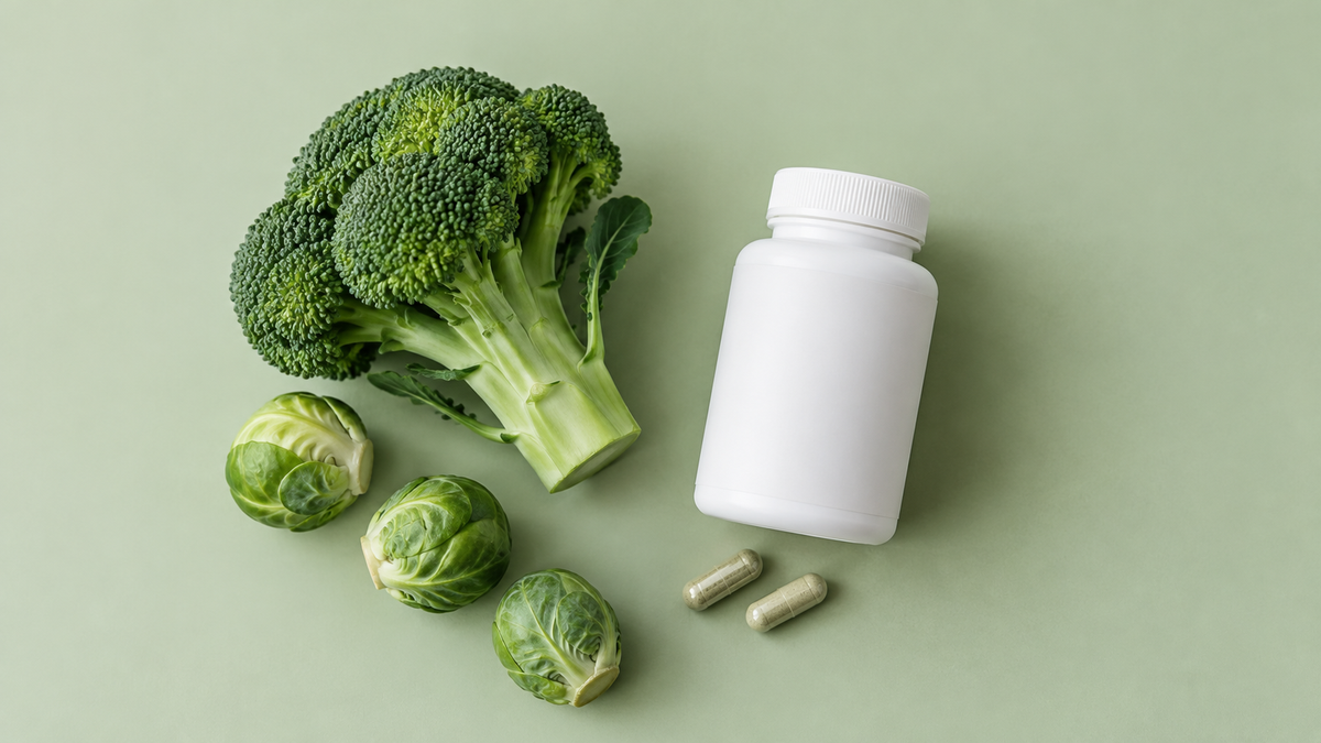 Illustrative broccoli and Brussels sprouts beside an unbranded bottle and two capsules; not actual product contents or a food-equivalency comparison.