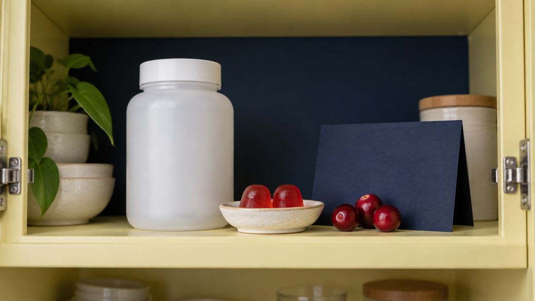 Illustrative unbranded jar, two red gummies and blank navy card inside a pale yellow cabinet.