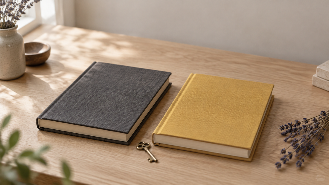 Illustrative pair of blank charcoal and mustard journals on a pale oak desk with a small brass key.