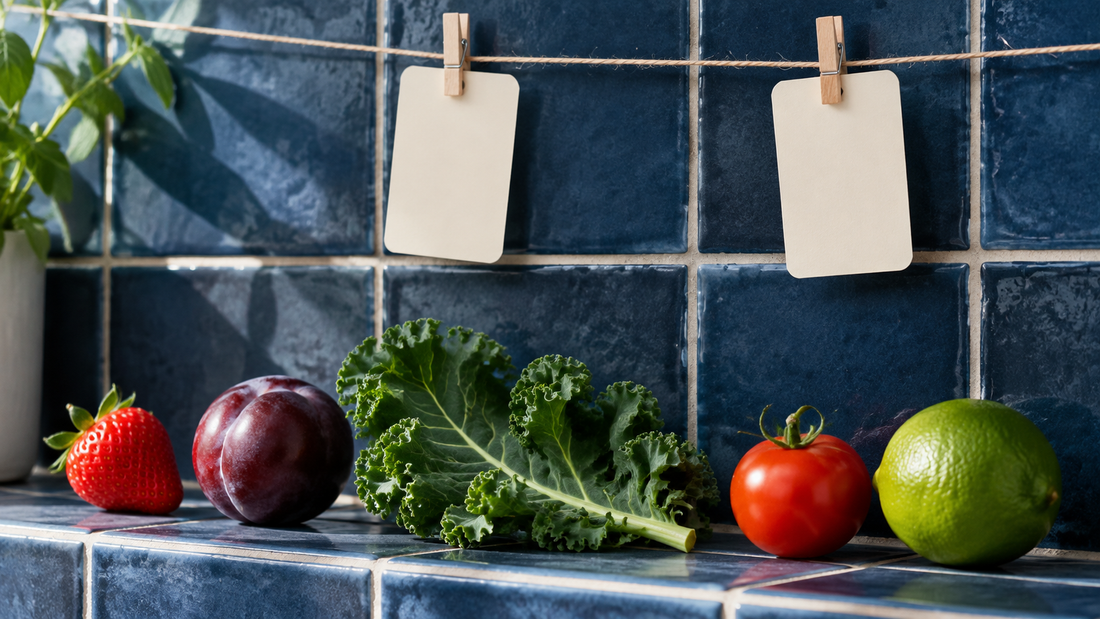 Illustrative produce on an indigo tile ledge beneath two blank paper tags.