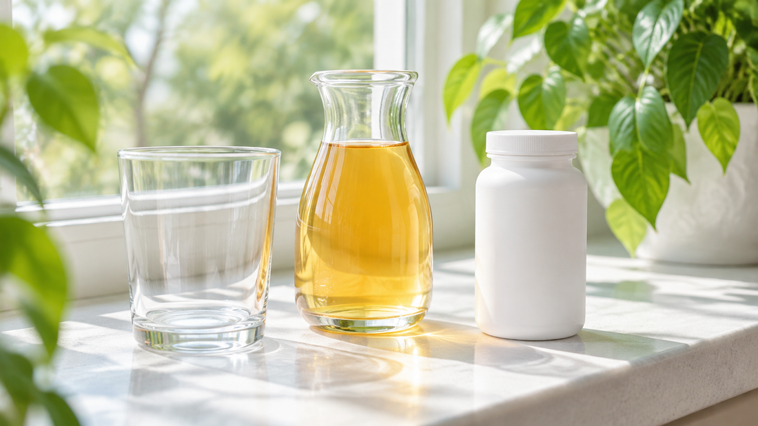 Illustrative juice carafe, drinking glass and unbranded supplement bottle on a sunny windowsill; not a Vitamized product photo.