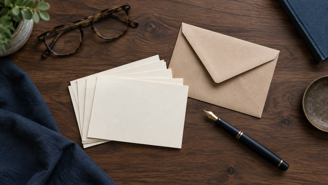 Illustrative blank cream index cards, a kraft envelope and a fountain pen on a walnut desk.