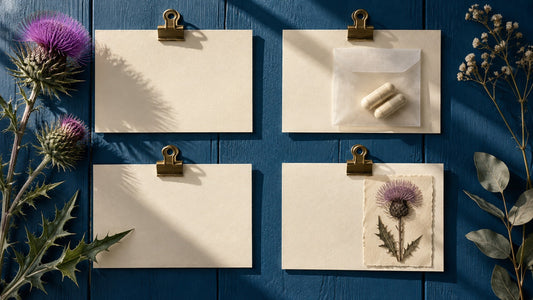 Blank cream cards clipped to a blue wooden board with a translucent capsule envelope and a pressed thistle illustration