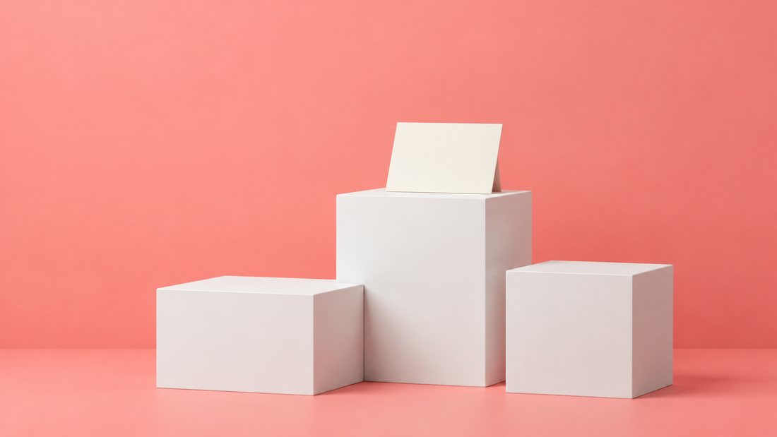 Illustrative white podium steps with a blank cream card against a coral backdrop.