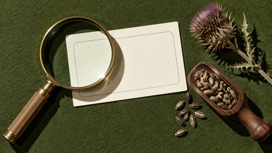 Brass magnifying loupe over a blank cream card with an empty box, beside a wooden scoop of milk thistle seeds and a dried thistle flower on olive felt