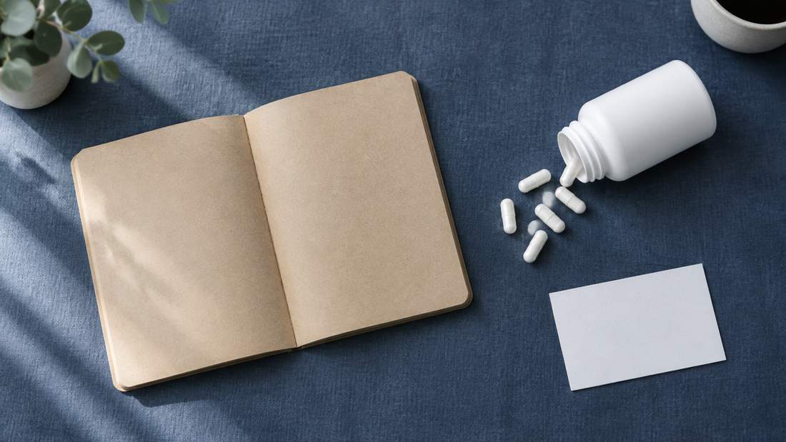 Illustrative blank notebook beside a generic unbranded bottle and capsules; not a Vitamized product photograph.