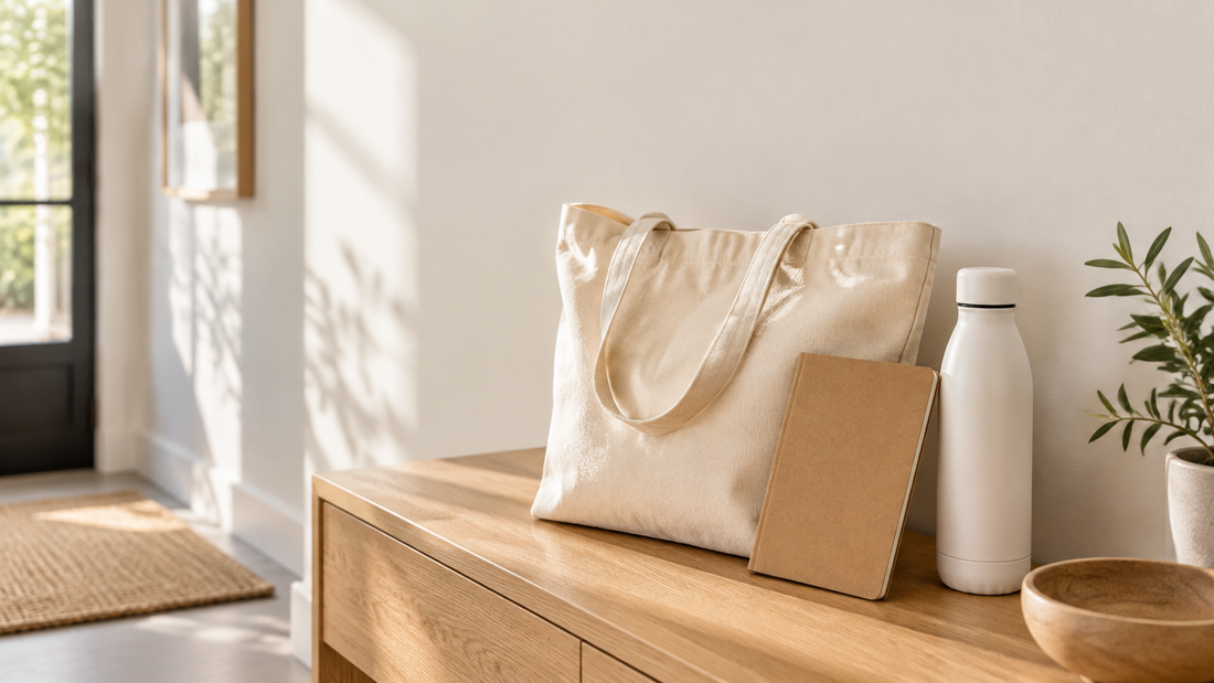 Illustrative canvas tote with a blank kraft notebook and white bottle on an oak console table.