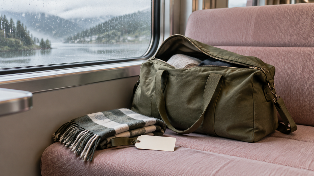 Illustrative olive travel bag, folded scarf and blank luggage tag on a pink bench beside a rainy window.