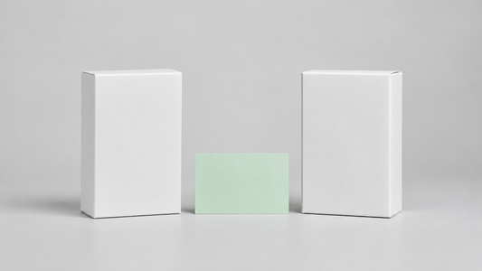 Illustrative pair of plain white boxes with a blank mint card between them on a gray background.