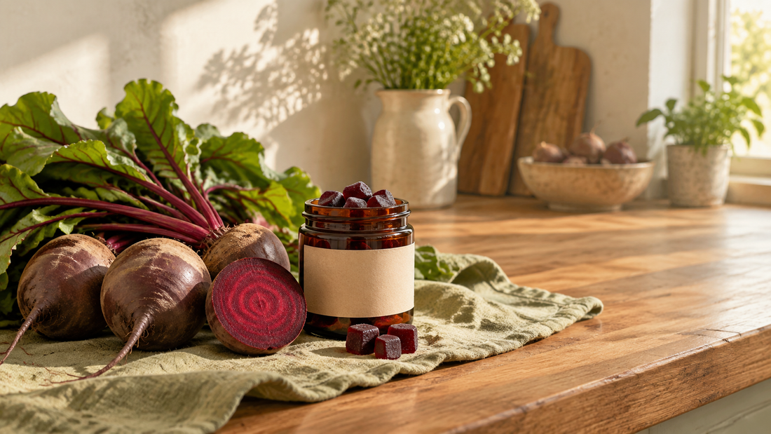 Fresh beets with greens, a sliced beet and an unbranded jar of burgundy gummies on a sage cloth in a sunlit farmhouse kitchen