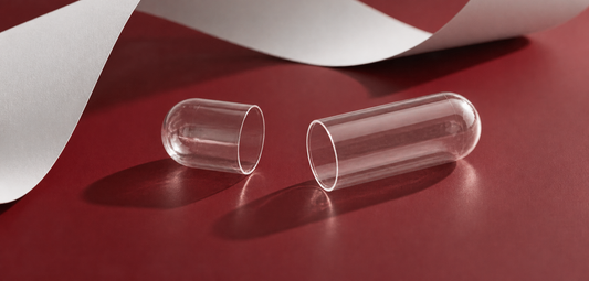 Illustrative empty transparent capsule halves on a burgundy surface beside a curved white paper ribbon.