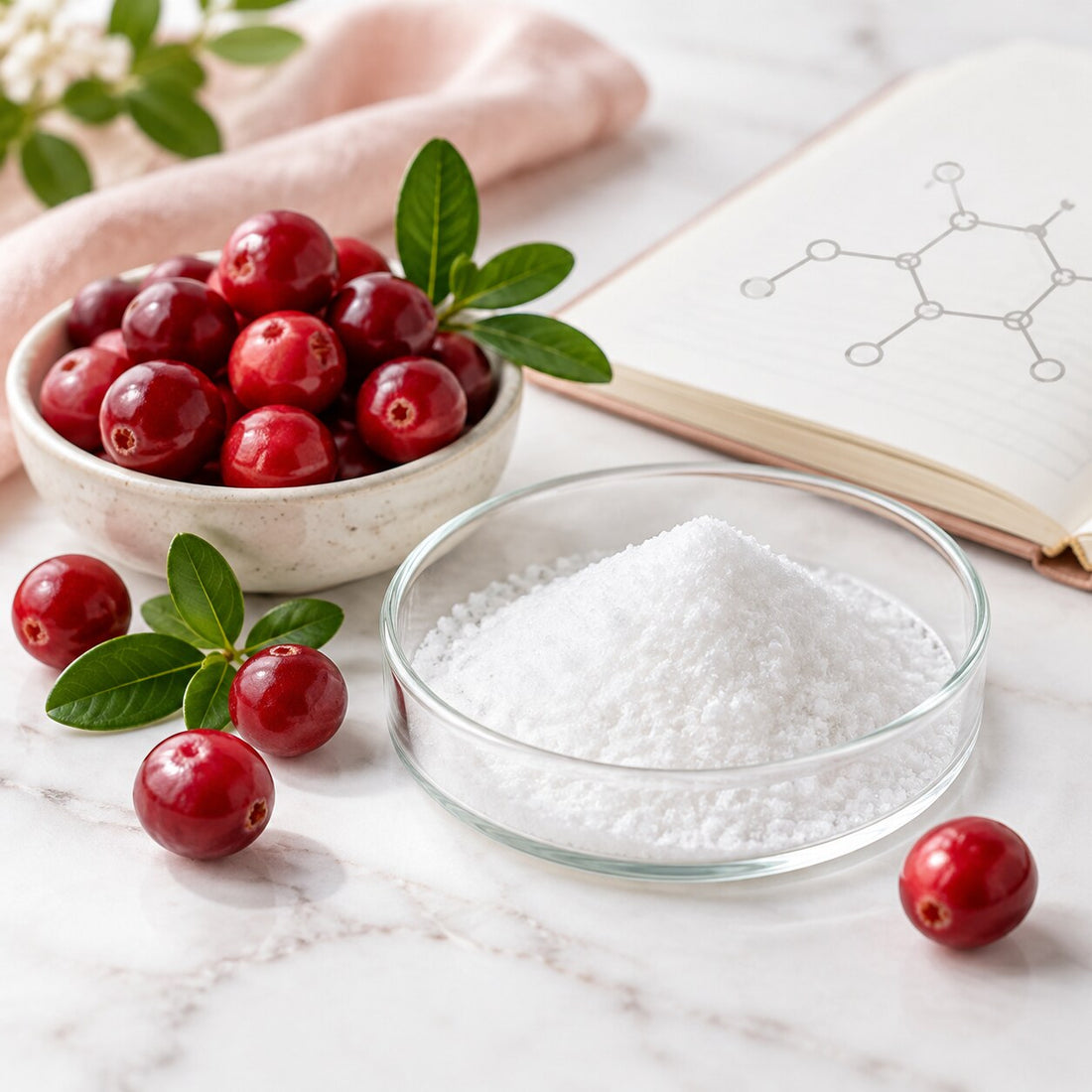 Cranberries and D-mannose powder arranged beside a research notebook.