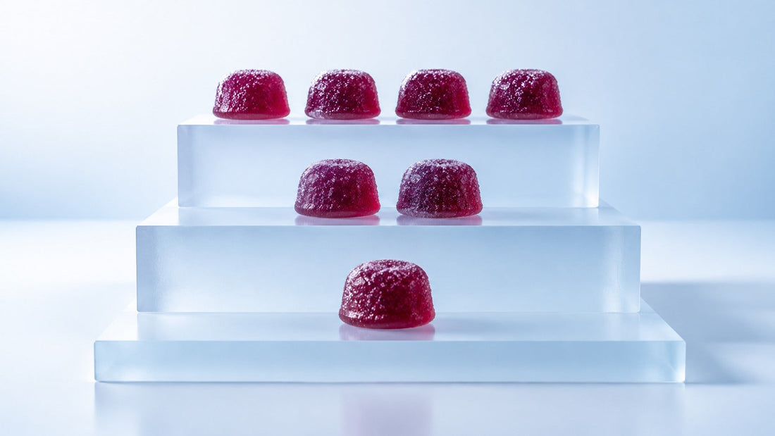 Frosted ice-blue steps holding one, two and four deep magenta gummies on a pale blue backdrop