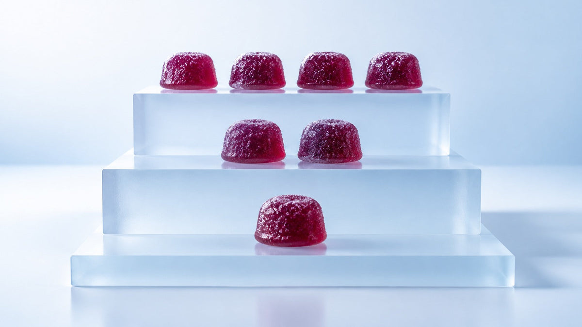 Frosted ice-blue steps holding one, two and four deep magenta gummies on a pale blue backdrop
