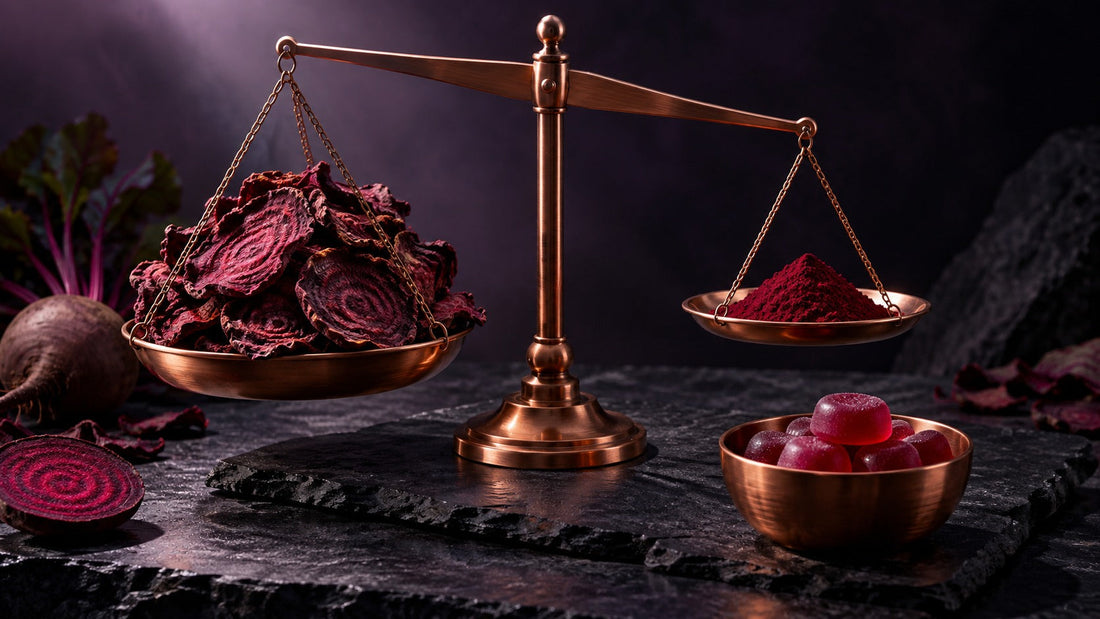 Copper balance scale with a large pile of dried beet slices on one pan and a small pile of crimson powder on the other, beside a bowl of raspberry gummies