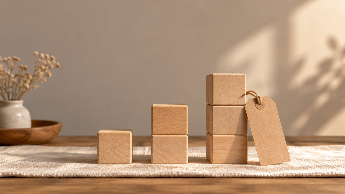 Illustrative stacks of plain wooden blocks at different heights with a blank kraft tag on a linen runner.
