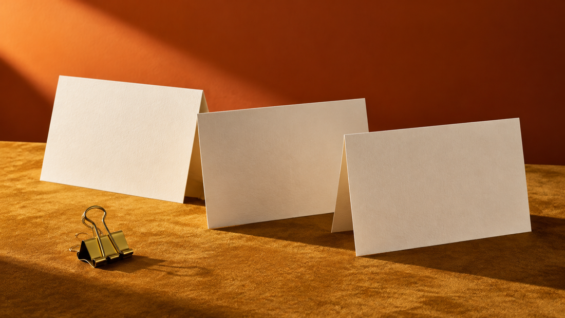 Illustrative blank ivory cards and a brass binder clip on an ochre surface against an orange background.
