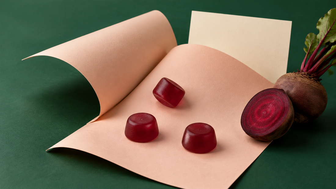Illustrative red gummies on curved peach paper beside a cut beet against a forest-green background.