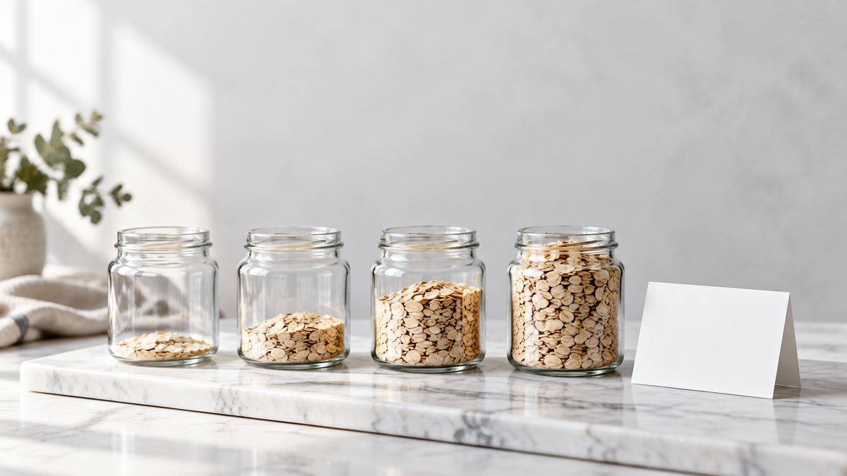 Illustrative row of four glass jars filled to different levels with rolled oats on a white marble slab.