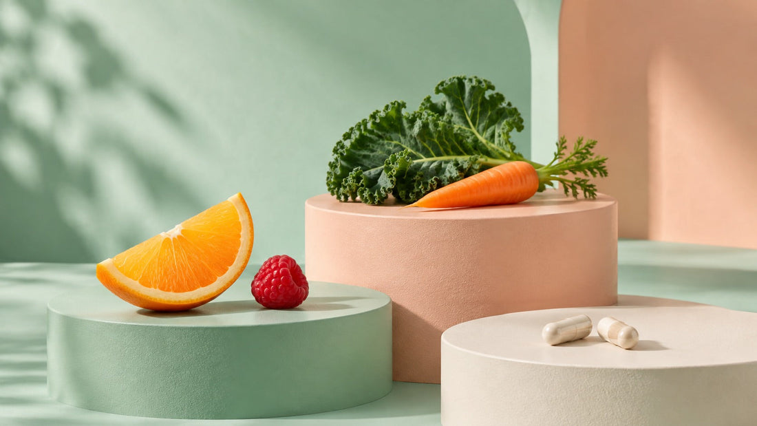 Orange, raspberry, kale, carrot and two plain capsules arranged on separate mint and peach sculptural pedestals