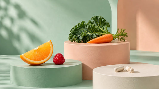 Orange, raspberry, kale, carrot and two plain capsules arranged on separate mint and peach sculptural pedestals