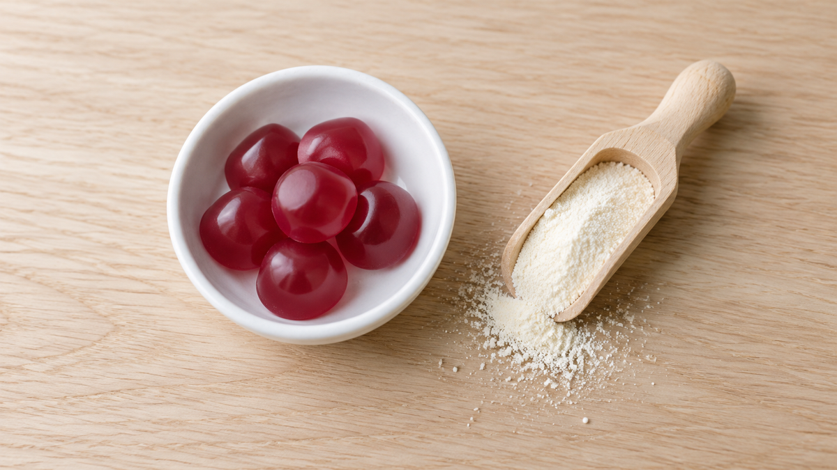 Illustrative red gummies in a bowl beside a wooden scoop of powder; not actual Vitamized products or contents.