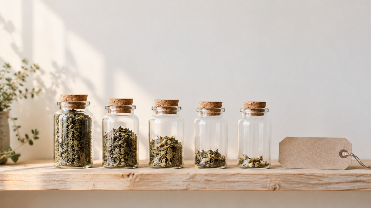 Illustrative row of glass vials holding decreasing amounts of dried herbs on a wooden shelf.