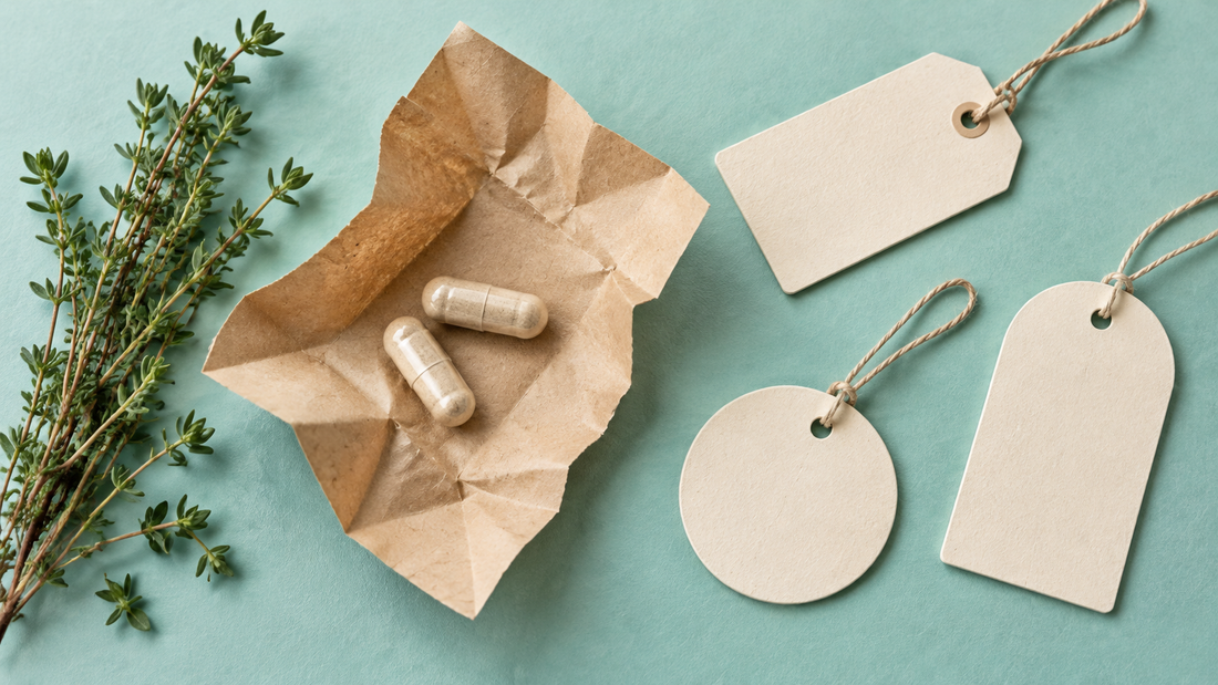 Illustrative generic capsules in an unprinted kraft wrapper beside blank cream tags and a thyme sprig.