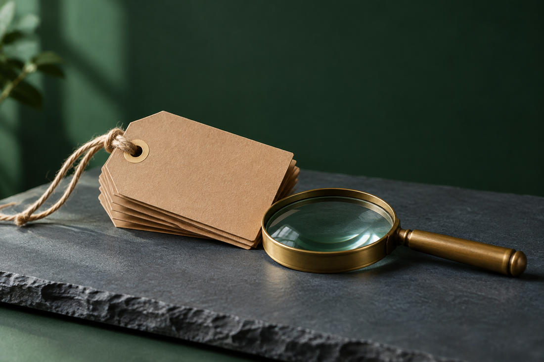 Illustrative stack of blank kraft tags and a brass magnifying glass on a slate-blue slab against a deep green wall.
