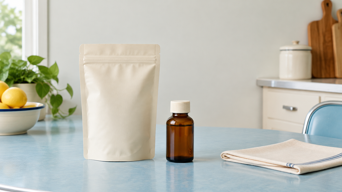 Illustrative blank cream stand-up pouch and small amber glass bottle on a pale blue kitchen table.