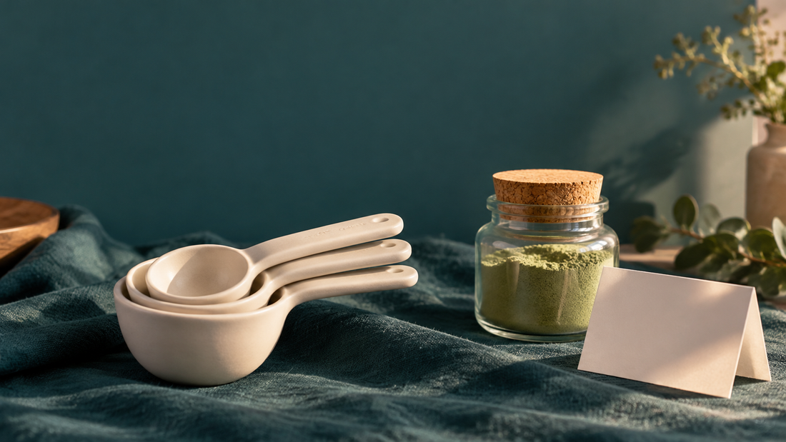 Illustrative plain ceramic measuring scoops and a small glass jar of pale green powder on a deep teal cloth.