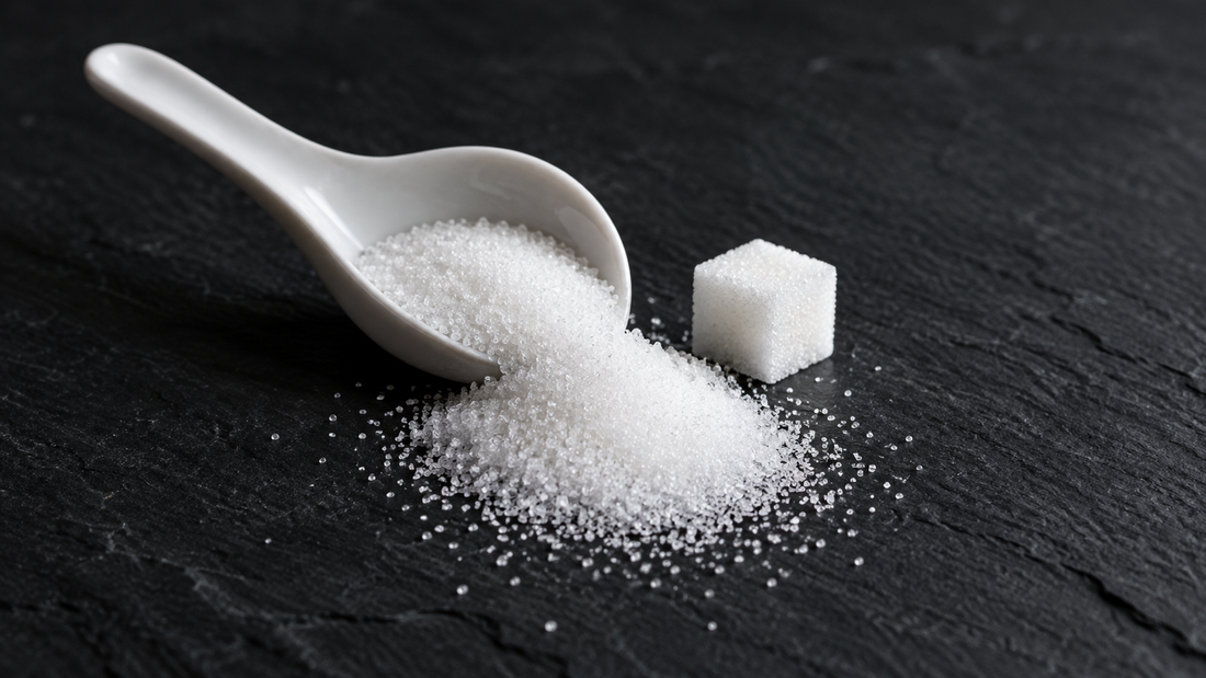 Illustrative spoonful of sugar and a sugar cube on slate; not a representation of Vitamized product contents or serving size.