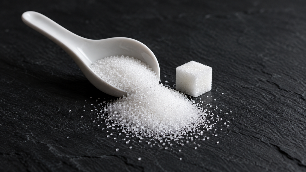 Illustrative spoonful of sugar and a sugar cube on slate; not a representation of Vitamized product contents or serving size.