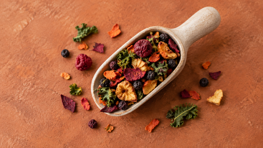 Illustrative scoop of dried produce on terracotta; not a photograph of Vitamized product contents.