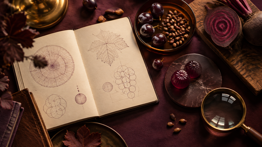 Grape seed extract and beet root gummy label guide arranged on a plum-colored archival study desk