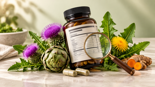 Supplement facts label on a liver support bottle examined with a magnifying glass, with milk thistle, dandelion and turmeric